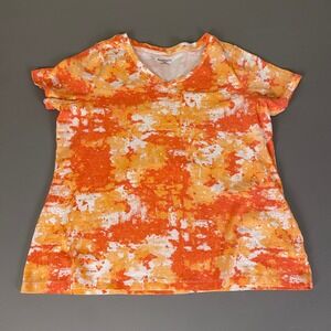 Relativity T Shirt Top Womens 2X V-Neck Orange White Abstract Print Short Sleeve